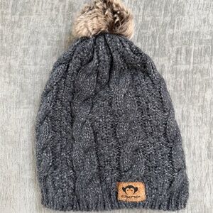 Gray Cable Knit Beanie with Faux Fur Pom
